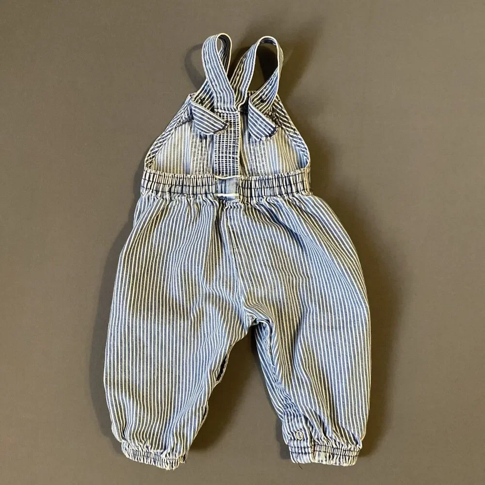 OshKosh B'gosh Denim Overalls 12M Hickory Stripe Red Tag Denim Patch Knees Baby